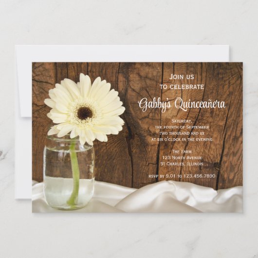Mason Jar en White Daisy Quinceañera Uitnodiging (Voorkant)