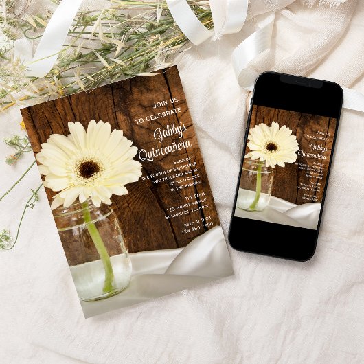 Mason Jar en White Daisy Quinceañera Uitnodiging