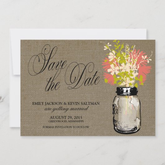 Mason Jar en Wilde Bloemen Save the Date (Voorkant)