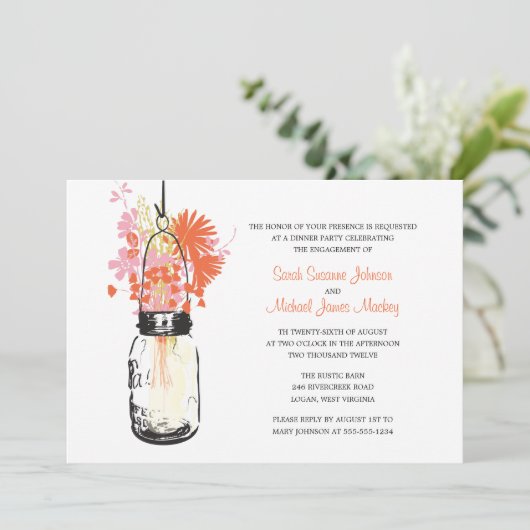 Mason Jar en Wilde Bloemen Trouw Verlovingsaankond Kaart (Staand voorkant)