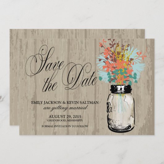 Mason Jar en Wildflower Save the Date (Voorkant / Achterkant)