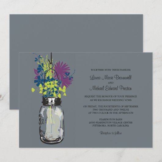 Mason Jar en Wildflower Wedding Invitations Kaart (Voorkant / Achterkant)