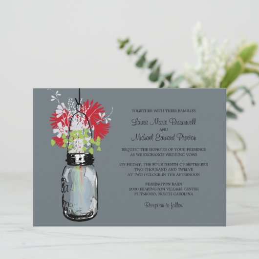 Mason Jar en Wildflower Wedding Invitations Kaart (Staand voorkant)