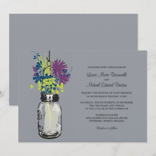 Mason Jar en Wildflower Wedding Invitations Kaart (Voorkant / Achterkant)