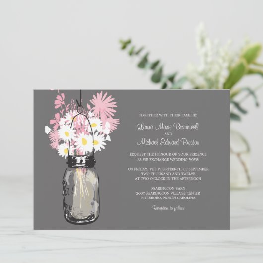 Mason Jar en Wildflower Wedding Invitations Kaart (Staand voorkant)