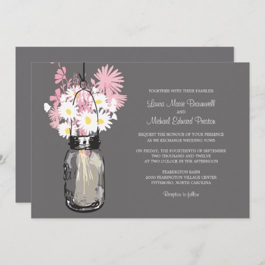 Mason Jar en Wildflower Wedding Invitations Kaart (Voorkant / Achterkant)