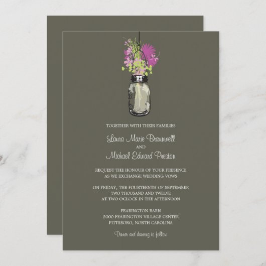 Mason Jar en Wildflower Wedding Invitations Kaart (Voorkant / Achterkant)