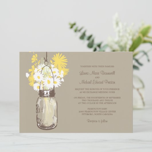 Mason Jar en Wildflower Wedding Invitations Kaart (Staand voorkant)
