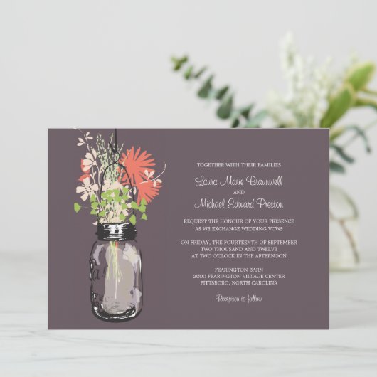 Mason Jar en Wildflower Wedding Invitations Kaart (Staand voorkant)