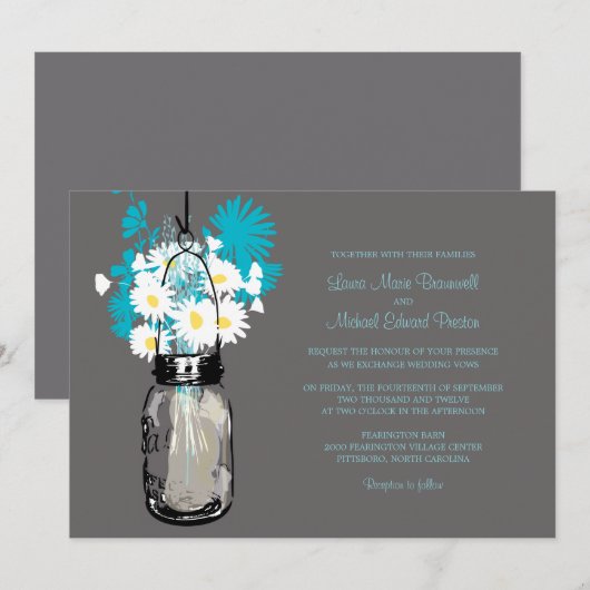 Mason Jar en Wildflower Wedding Invitations Kaart (Voorkant / Achterkant)