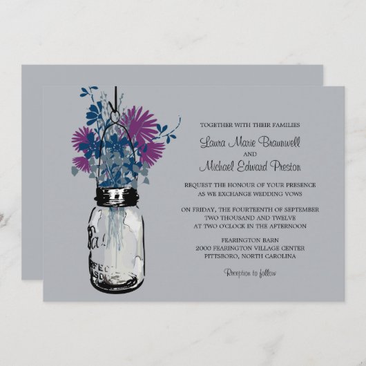Mason Jar en Wildflower Wedding Invitations Kaart (Voorkant / Achterkant)