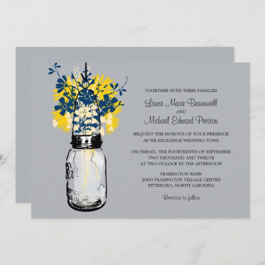 Mason Jar en Wildflower Wedding Invitations Kaart (Voorkant / Achterkant)