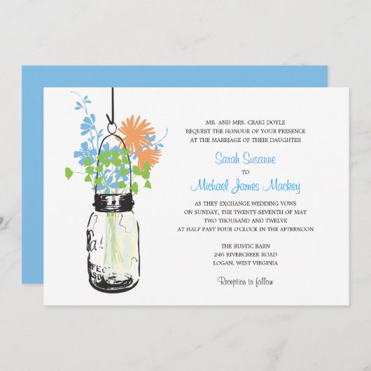 Mason Jar en Wildflower Wedding Invitations Kaart (Voorkant / Achterkant)