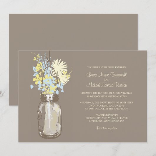 Mason Jar en Wildflower Wedding Invitations Kaart (Voorkant / Achterkant)