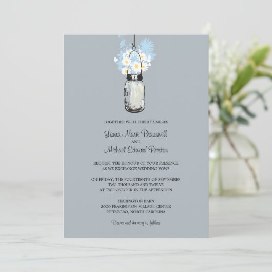 Mason Jar en Wildflower Wedding Invitations Kaart (Staand voorkant)