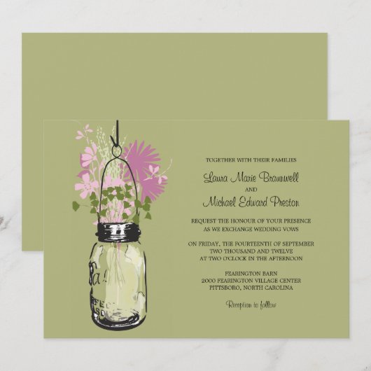 Mason Jar en Wildflower Wedding Invitations Kaart (Voorkant / Achterkant)