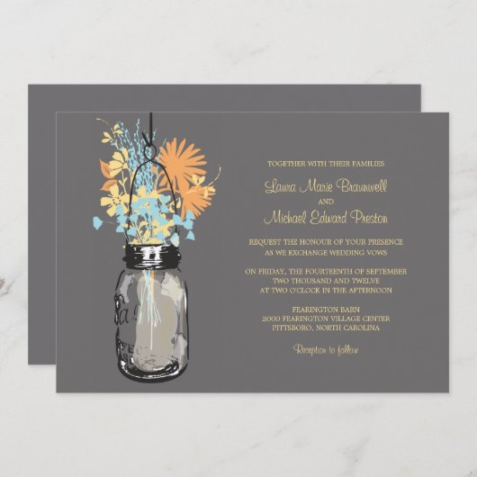 Mason Jar en Wildflower Wedding Invitations Kaart (Voorkant / Achterkant)