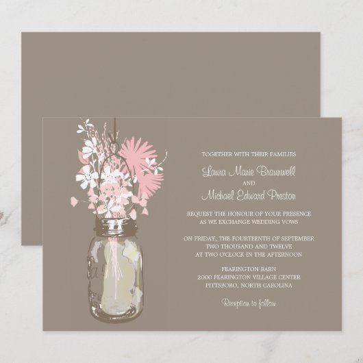 Mason Jar en Wildflower Wedding Invitations Kaart (Voorkant / Achterkant)