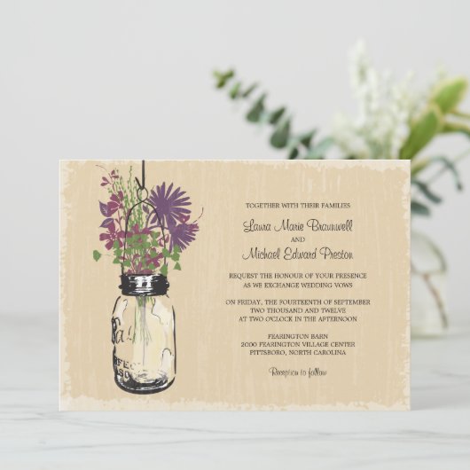  Mason Jar en Wildflower Wedding Kaart (Staand voorkant)