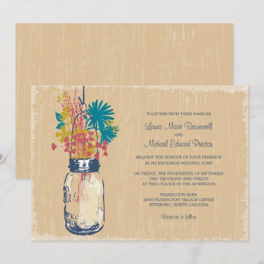  Mason Jar en Wildflower Wedding Kaart (Voorkant / Achterkant)
