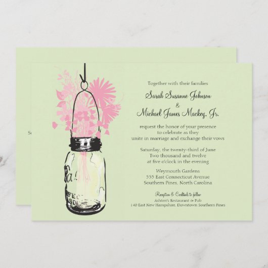 Mason Jar en Wildflowers Bruiloft Kaart (Voorkant / Achterkant)
