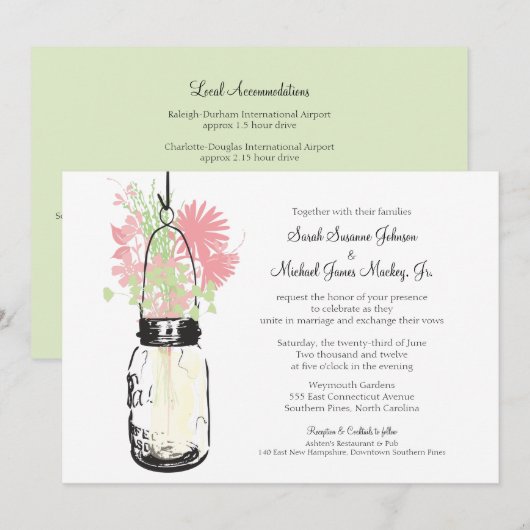 Mason Jar en Wildflowers Bruiloft Kaart (Voorkant / Achterkant)