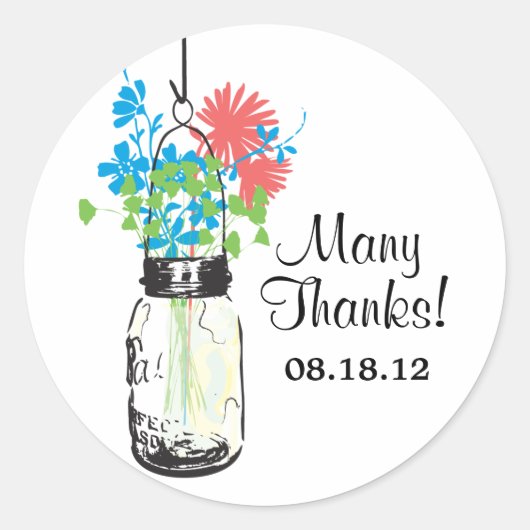 Mason Jar en Wildflowers Bruiloft Ronde Sticker (Voorkant)