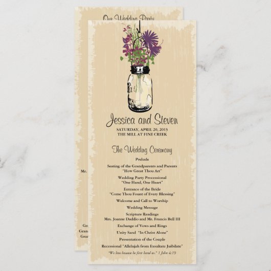 Mason Jar en Wildflowers Programma Programmakaart (Voorkant / Achterkant)