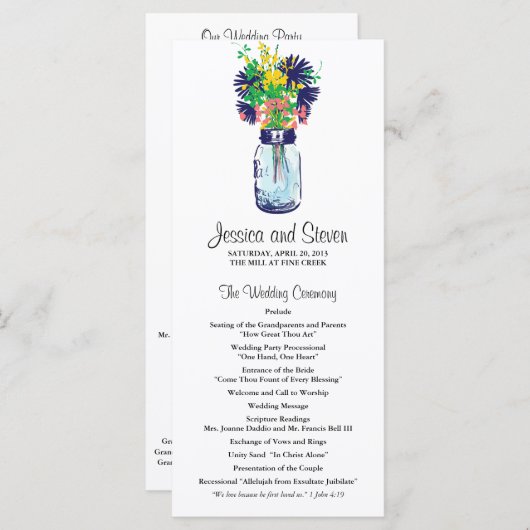 Mason Jar en Wildflowers Programma Programmakaart (Voorkant / Achterkant)