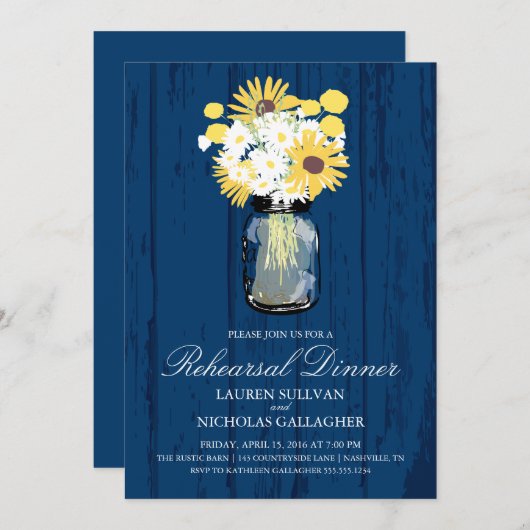 Mason Jar en Zonnebloemen repetitie diner Kaart (Voorkant / Achterkant)