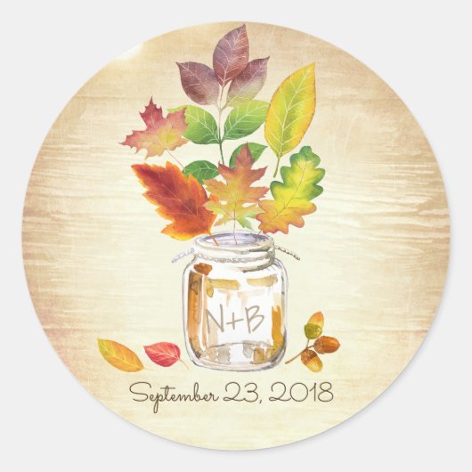 Mason Jar Fall laat rustieke houten bruiloft Ronde Sticker (Voorkant)