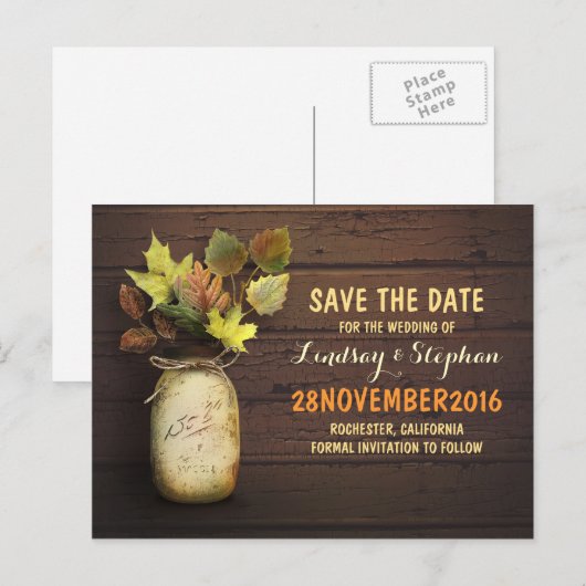 Mason Jar & Fall Leaves Save the Date briefkaart (Voorkant / Achterkant)