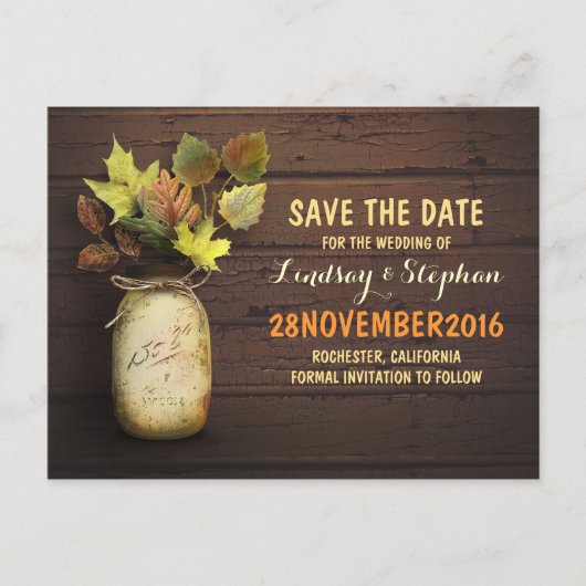 Mason Jar & Fall Leaves Save the Date briefkaart (Voorkant)