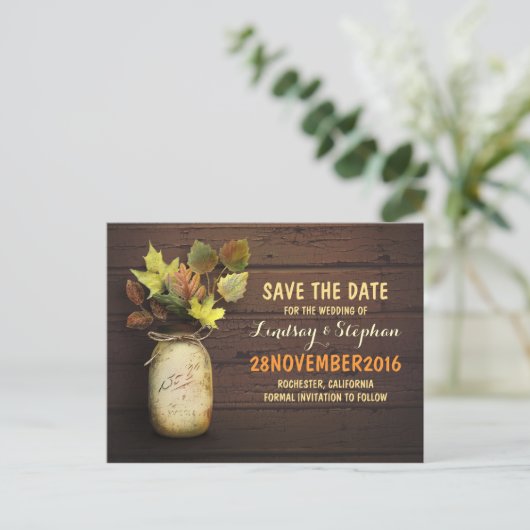 Mason Jar & Fall Leaves Save the Date briefkaart (Staand voorkant)