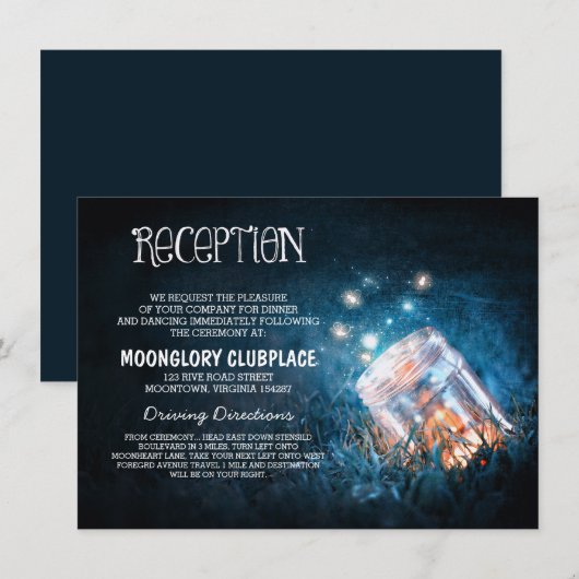 Mason Jar Fireflies Blauwe Nacht Bruiloft Receptie Informatiekaartje (Voorkant / Achterkant)