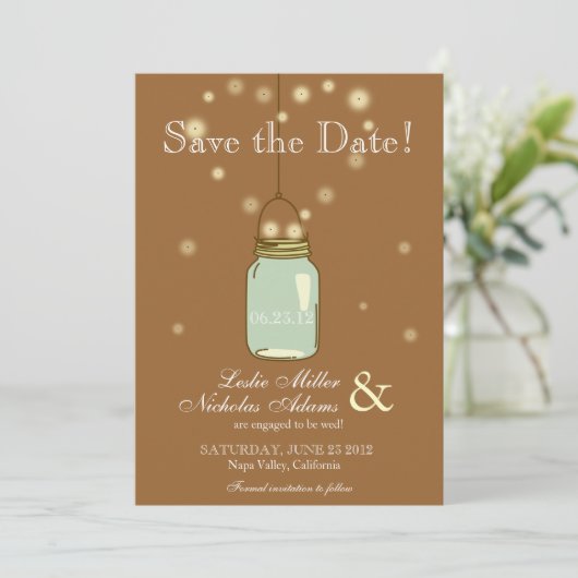 Mason Jar Fireflies Heart Wedding Save the Date (Staand voorkant)