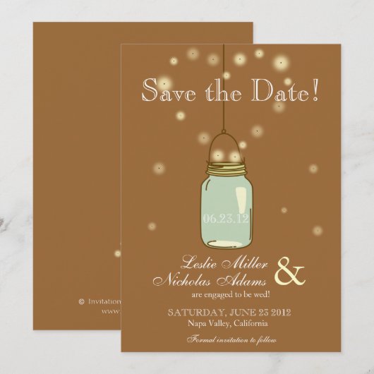 Mason Jar Fireflies Heart Wedding Save the Date (Voorkant / Achterkant)