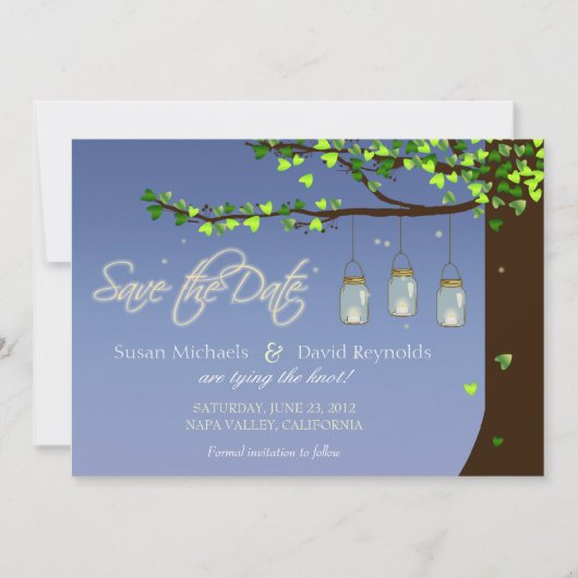 Mason Jar Fireflies Oak Tree Save the Date (Voorkant)