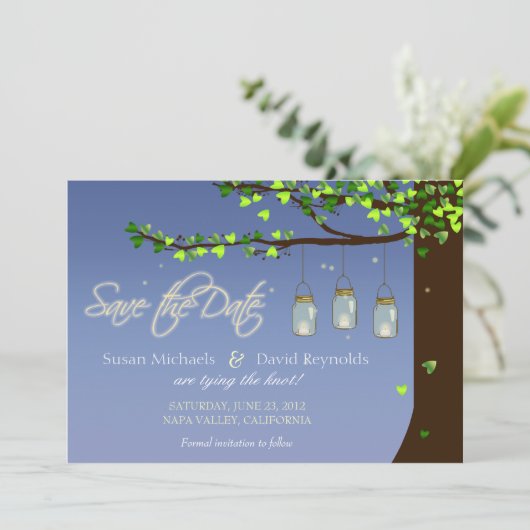 Mason Jar Fireflies Oak Tree Save the Date (Staand voorkant)