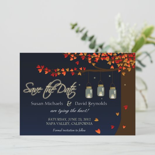 Mason Jar Fireflies Oak Tree Save the Date (Staand voorkant)