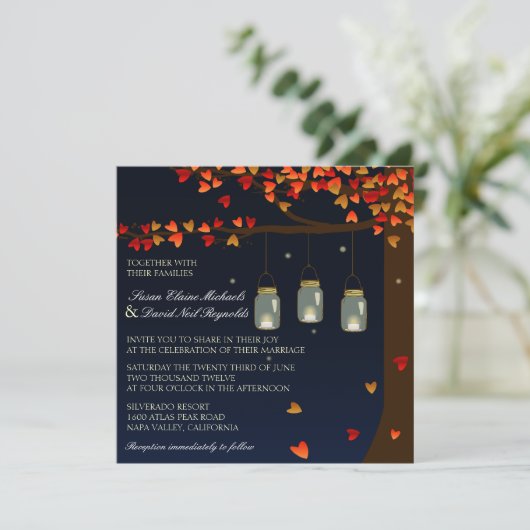 Mason Jar Fireflies Oak Tree Weddenschap Kaart (Staand voorkant)