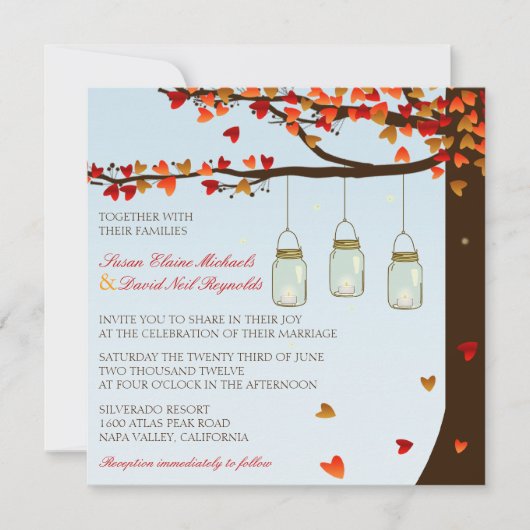 Mason Jar Fireflies Oak Tree Wedding Invite [Dag] Kaart (Voorkant)