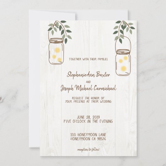 Mason Jar & Fireflies Rustic Wedding Invitations Kaart (Voorkant)