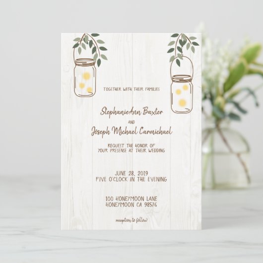 Mason Jar & Fireflies Rustic Wedding Invitations Kaart (Staand voorkant)