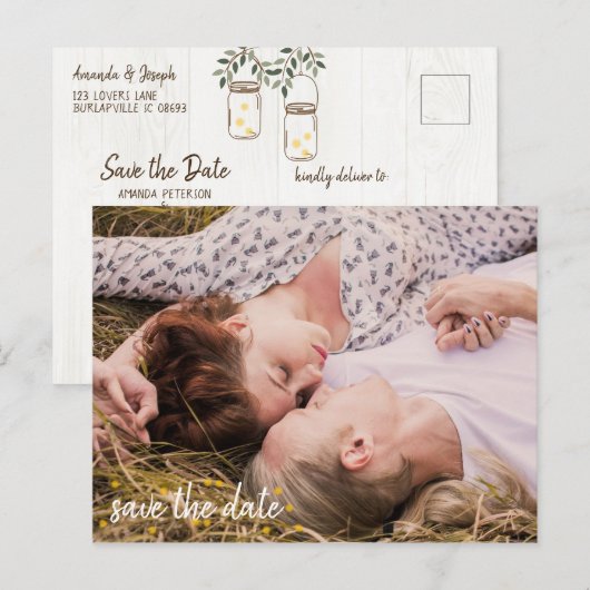 Mason Jar & Fireflies Rustic Wedding Save the Date Aankondigingskaart (Voorkant / Achterkant)