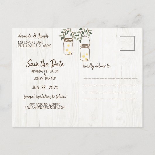 Mason Jar & Fireflies Rustic Wedding Save the Date Aankondigingskaart (Achterkant)