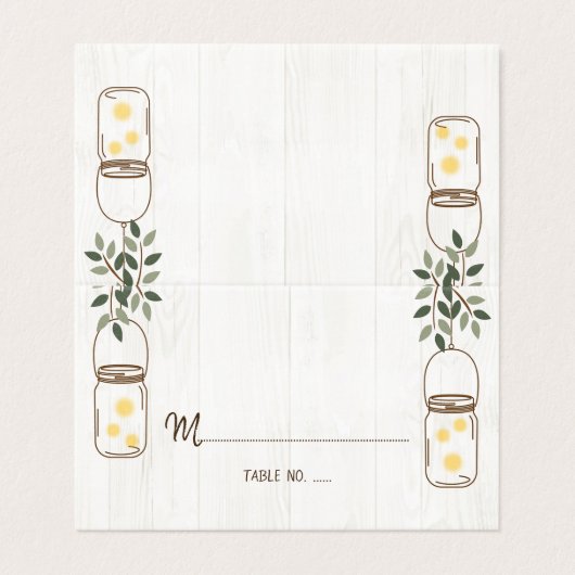 Mason Jar & Fireflies Rustic Wedding Table No. Visitekaartje (Buitenkant ongevouwen)
