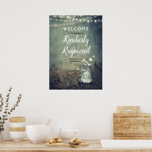 Mason Jar Fireflies Rustic Wedding Welcome Sign Poster (Keuken)