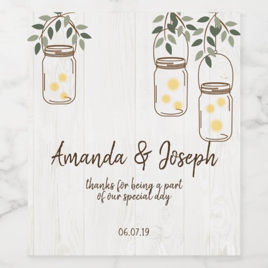 Mason Jar & Fireflies Rustic Wedding Wine Label Wijn Etiket (Enkel label)