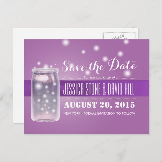 Mason Jar & Fireflies Save the Date Paars Aankondigingskaart (Voorkant / Achterkant)